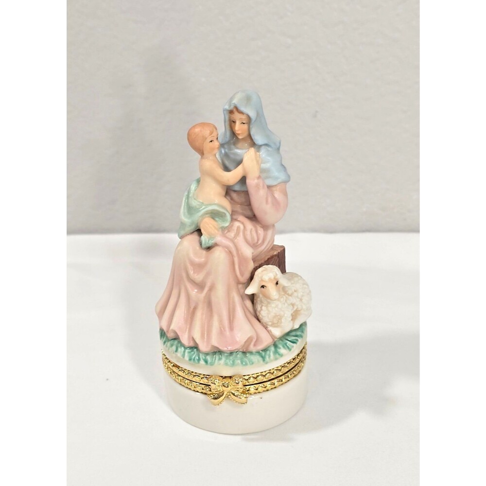 Mary & Jesus & Lamb Hinged Trinket Box porcelain religious Holiday Decor